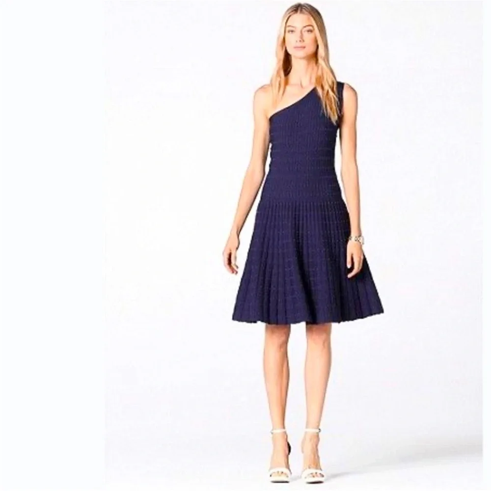 Michael Kors One-Shoulder‎ Knit fit and flare  Skater Dress, Navy Blue Size S
